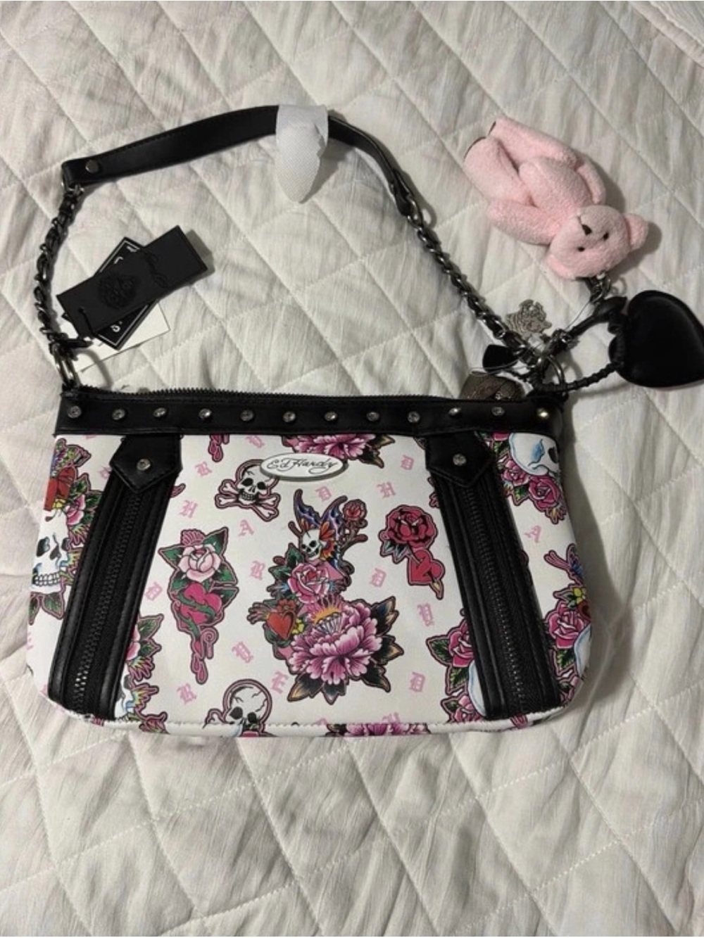 Ed Hardy White Pink Floral Skull Shoulder Bag with Black Trim